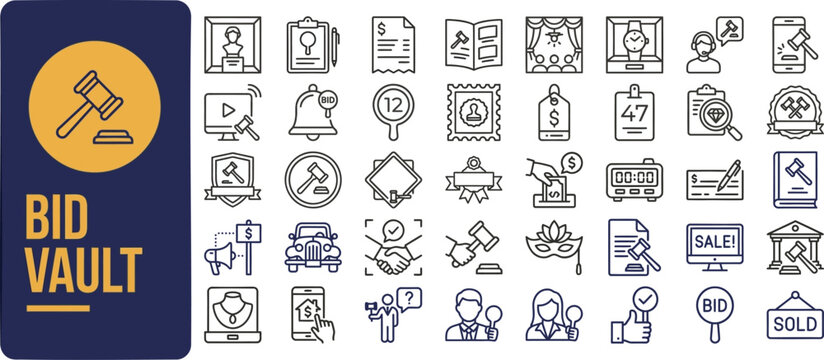 Bid Vault and Auction House outline icon set. Featuring gavel, hammer, bidder, sold sign, and antique symbols. Editable stroke vector icons for auction online and bidding platform.