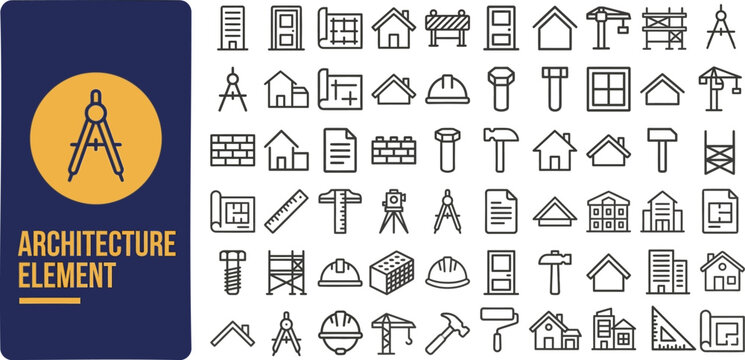 Architecture Element and Building outline icon set. Featuring column, arch, window, door, and facade symbols. Editable stroke vector icons for architect portfolio and real estate design.