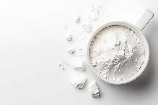 White powder in a mug with scattered pieces on a white background, flat lay presentation