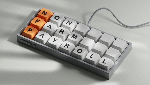 word NFP NON FARM PAYROLL with wood blocks. Computer keyboard keys. Copy space.3D rendering