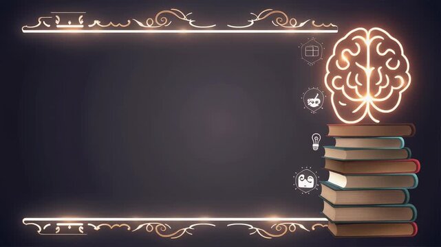 Glowing brain icon with stack of books.