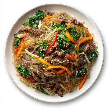 Bulgogi with glass noodles - Korean beef with japchae noodles isolated on a white background