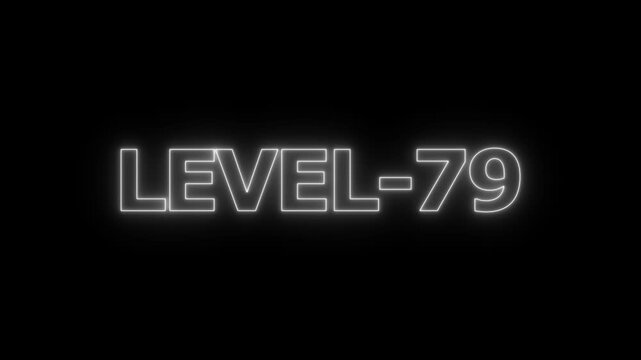 Glowing white neon text reading level 79 isolated on a solid black background for game interface and digital progress indicators