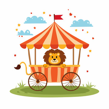 Cute Cartoon Lion in a Circus Wagon