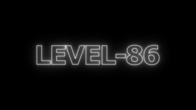 White glowing neon sign displaying the text level 86 centered on a dark black background for gaming progress and achievement notification
