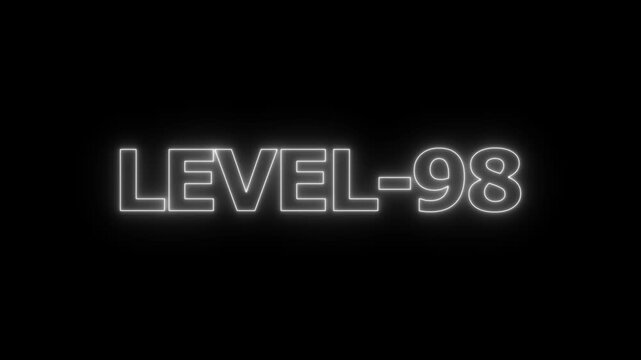 Glowing white neon text reading level 98 on a solid black background for game interface or progress tracking