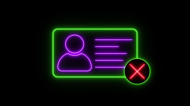 Neon ID card warning animation. Glowing Personal data verification not approved motion. id card Verification Error Concept design. Information not valid 4k video.
