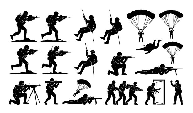 Dynamic soldier silhouette set combat military action vector illustration isolated on white background