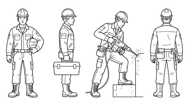 Construction engineer character set with jackhammer and toolbox in detailed line art style.