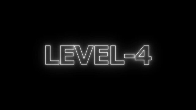 Glowing white neon text sign displaying level four isolated on a solid black background for gaming interface