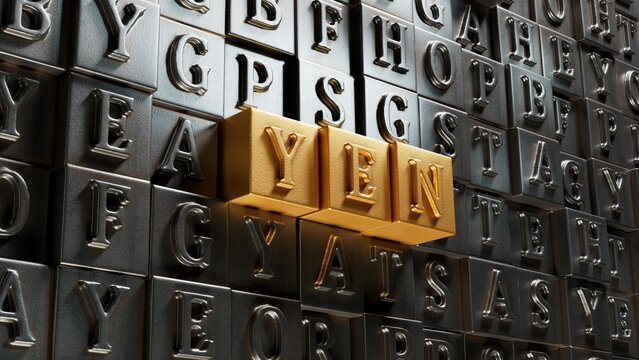 Movable type printing with yen business word.close up of Movable type printing,Business Concept.3D rendering.