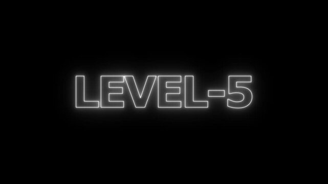 Glowing white neon text sign displaying level five isolated on a solid black background for gaming interface