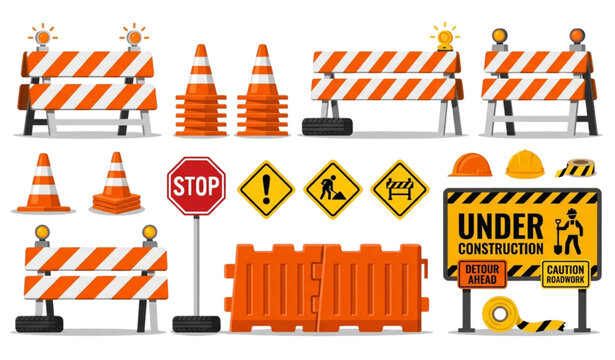 Traffic road barrier and construction safety vector set with warning signs cones and barricades