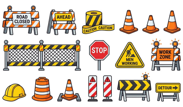 Cartoon traffic barricade and road closed vector illustration set for construction warning and safety design