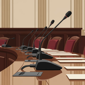 Close-up illustration of a row of conference microphones on a polished wooden desk in a formal legislative hearing room or courtroom with red upholstered chairs and papers.