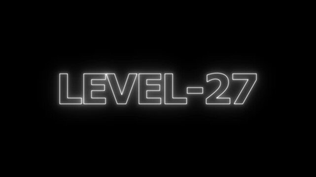 Glowing white neon text reading level 27 isolated on a black background for gaming interface and progress tracking screen