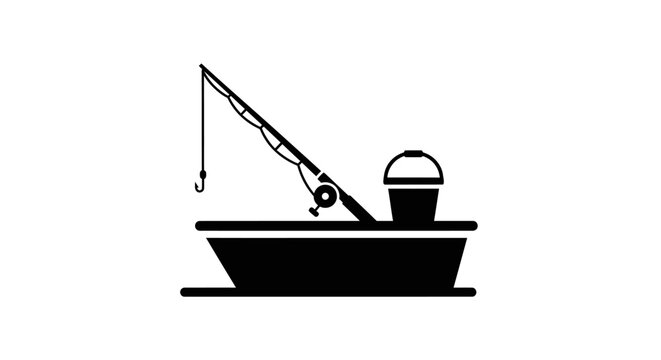 Fishing boat silhouette features a mounted rod and a bucket sitting on a simple deck structure against a white background.