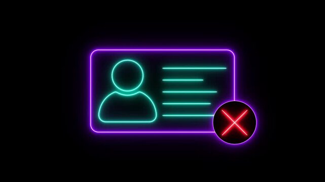 Neon ID card warning animation. Glowing Personal data verification not approved motion. id card Verification Error Concept design. Information not valid 4k video.