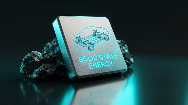 Solid-state battery technology on metallic block with EV chassis diagram, resting on dark rocks, representing future energy storage.