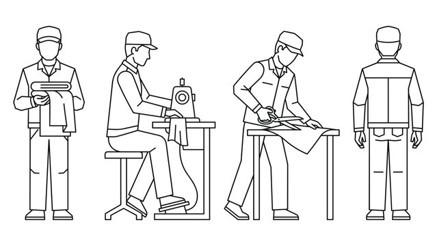 Garment factory worker character poses operating sewing machine and cutting textile fabric.