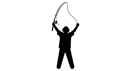 Fisherman stands with arms raised holding a fishing rod in a celebratory pose as a silhouette on a white background. © yanto