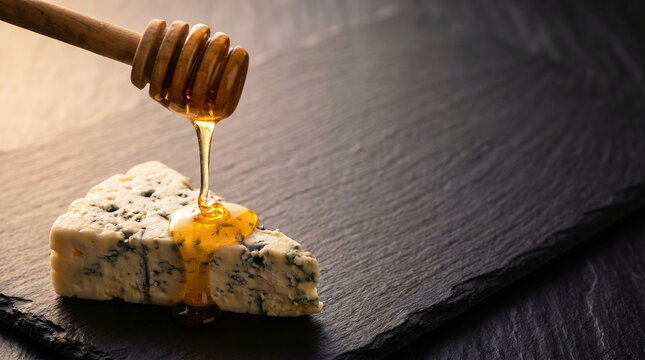 Blue cheese slice with honey dripping from dipper on dark slate board, gourmet food pairing, sweet and savory appetizer concept.