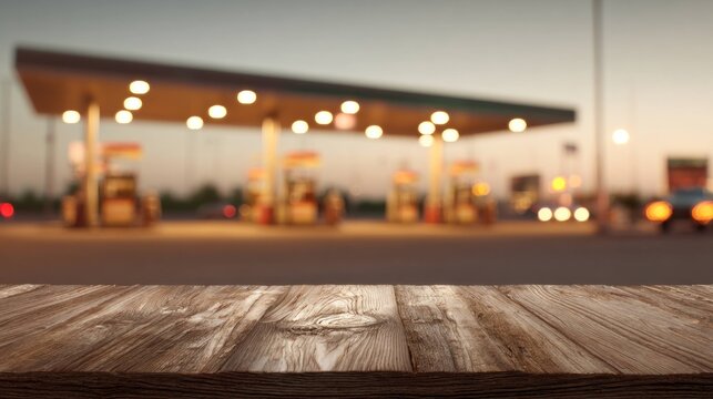 Wooden table with blurred gas station background at dusk, empty space for product placement, outdoor fuel station with lights and vehicles in evening time.