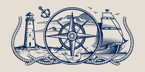 Nautical scene with lighthouse compass rose and sailing ship illustration © Prosanta