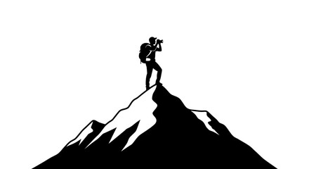 Hiker stands on top of a mountain peak while holding a pair of binoculars to observe the horizon. © yanto