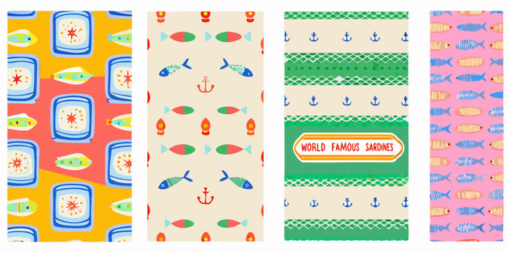 Sardine and nautical themed pattern designs colorful vector illustration