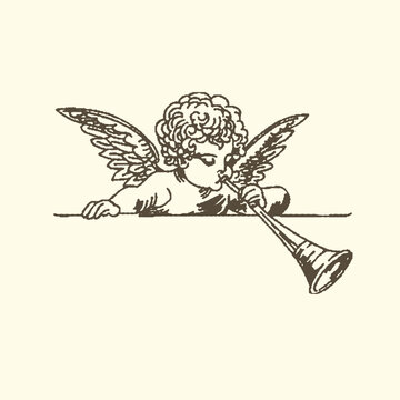 Cherub blowing a trumpet vintage illustration style line art instrument illustration ornament decoration mythology religious spiritual heavenly innocence announcement messenger isolated