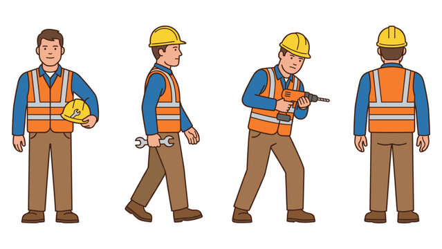 Construction worker holding hard hat and tools, frontal side and back views.