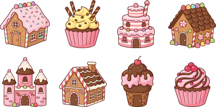 Set of Fantasy Sweet Candy Houses and Cupcake Buildings with Gingerbread Castle for Fairytale Land Game Assets and Dessert Themed Vector Graphic Designs