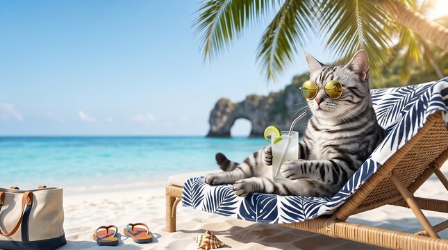 Cool cat in sunglasses drinking lemonade on sunny beach resort