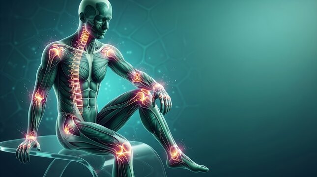 Anatomical 3D male body with glowing joints and muscle structure