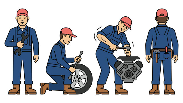 Automotive mechanic character set with technician repairman working on car engine and tire.
