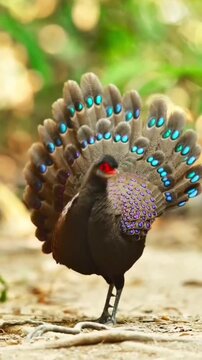 Male great argus pheasant displaying its magnificent plumage in the forest