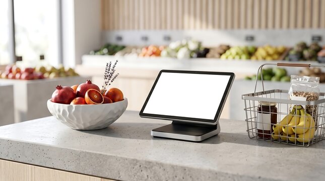 Digital tablet mockup on supermarket checkout counter