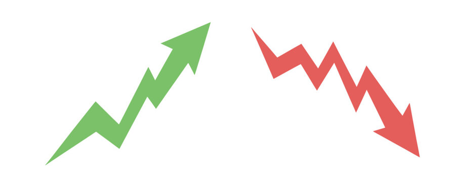 Sharp green rising arrow and red falling arrow icons for financial trend reporting