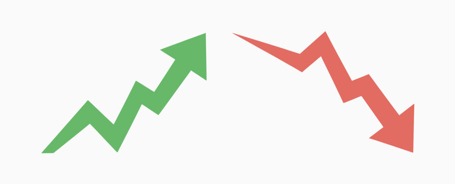 Minimalist green rising arrow and red falling arrow icons for economic comparison
