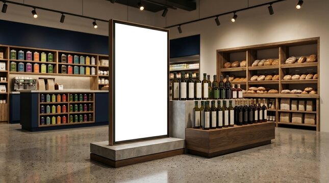 Vertical blank billboard mockup in modern grocery store interior