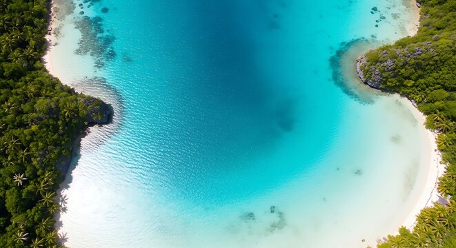 Aerial view of a serene tropical lagoon with crystal clear waters and lush greenery
