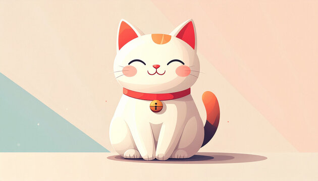 Maneki neko made of simple shapes in soft colors on clean background