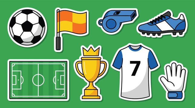 Comprehensive collection of football and soccer icons in a sticker style Includes a ball whistle trophy jersey and glove Ideal for sports tournament branding social media posts school projects or athl