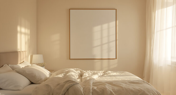 Empty picture frame on wall in bedroom with sunlight.