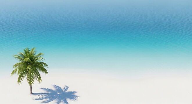 Top view of a lone palm tree on a white sandy beach with turquoise ocean