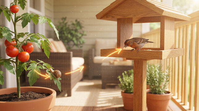 Bird perched on wooden feeder eating insects near potted tomato plants in sunny urban garden illustrating a simple food chain interaction