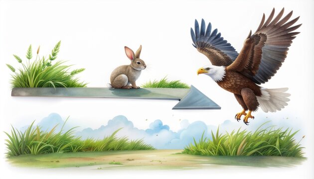 Bald eagle swooping toward rabbit in wetland food chain illustration showing predator and prey relationship in natural habitat