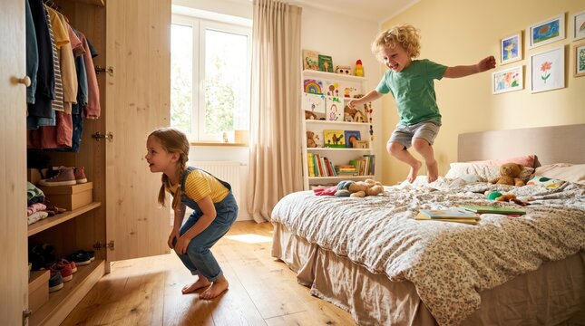 Children jumping and playing on bed in bedroom