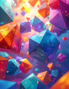 Vibrant polyhedral objects float in a colorful digital environment with various shapes and lights.